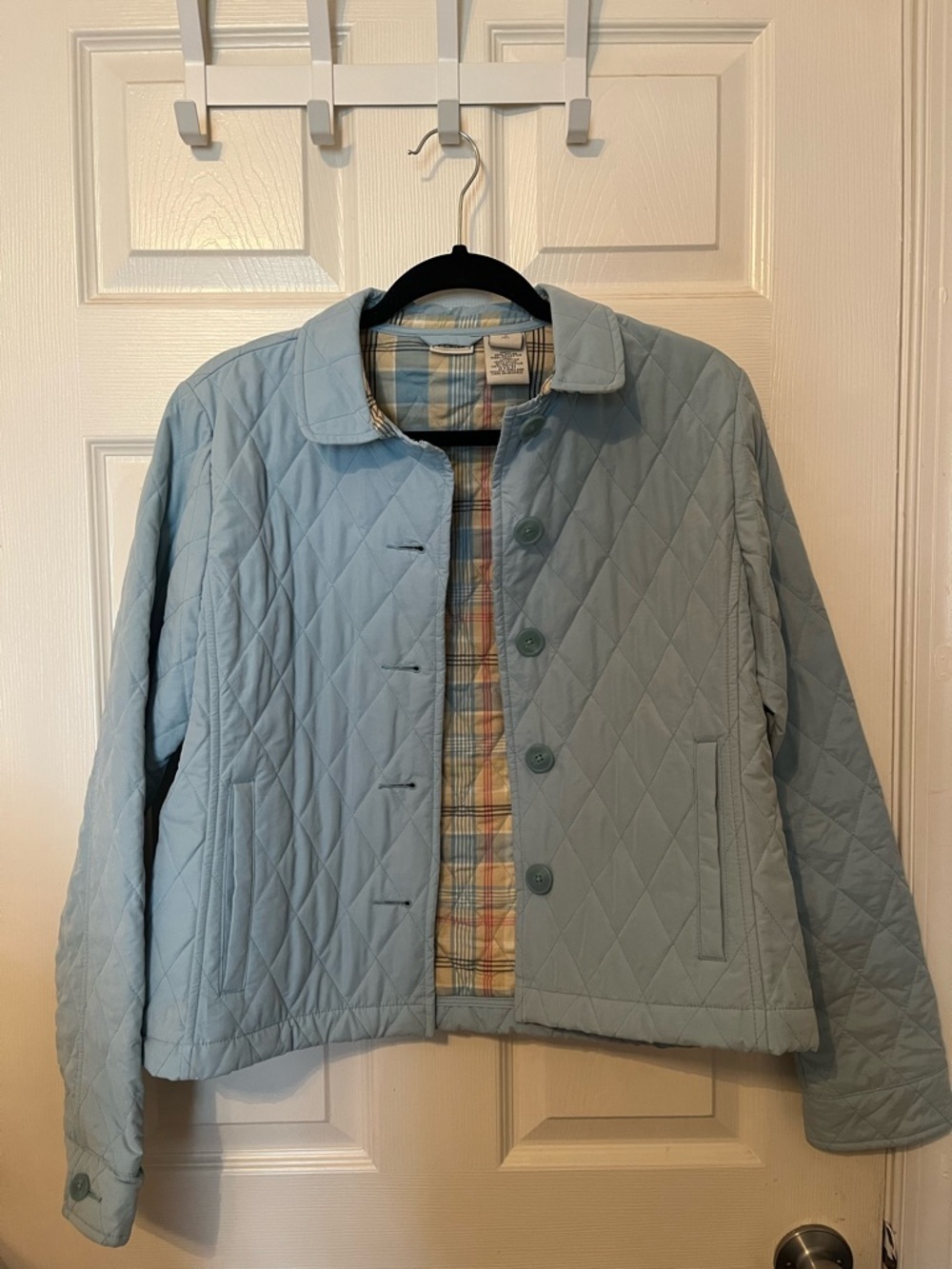 L.L. Bean Pale Blue Quilted Plaid-Lined Jacket